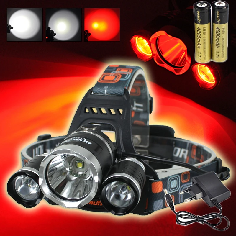 BORUIT 6000LM 3x XM L T6 + 2R5 красный светодиодный налобный фонарь 18650 зарядное устройство