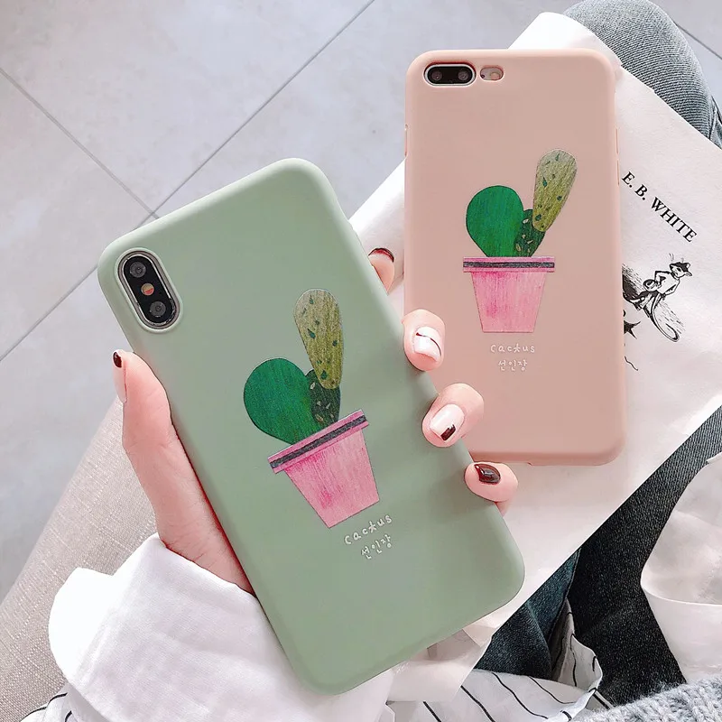 Summer Cactus Art Korea Phone Case For iPhone 6 6S 7 8 Plus Matte Silicone Cases for X XS Max XR Couple Back Cover Coque | Мобильные