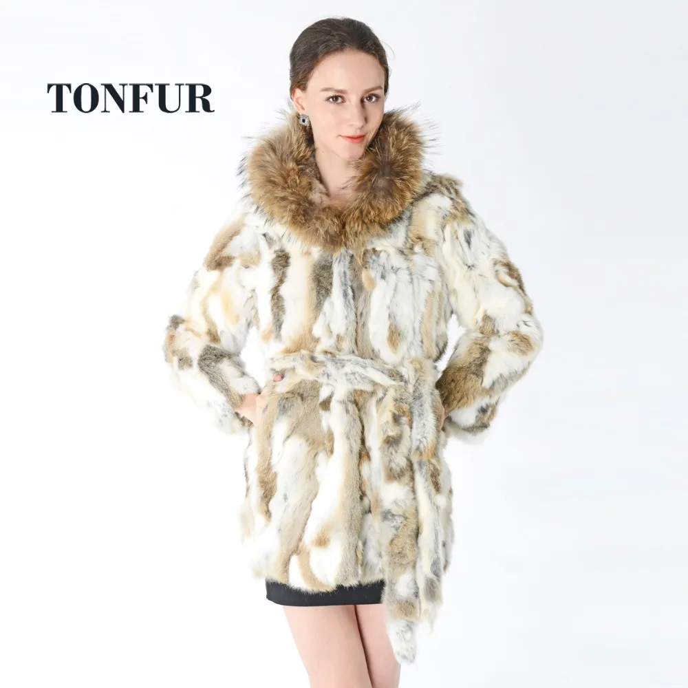 Женское длинное пальто с поясом из натурального меха кролика Рекс TFP537 | Женская