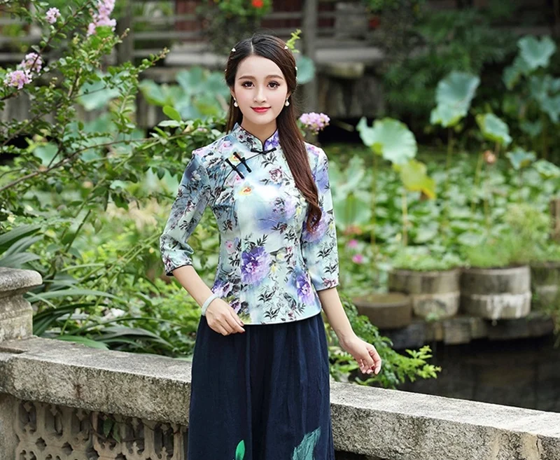 Китайские Топы Cheongsam для женщин весна лето Шанхай Тан одежда Женская Ретро винтажная рубашка женские китайские Топы TA1525