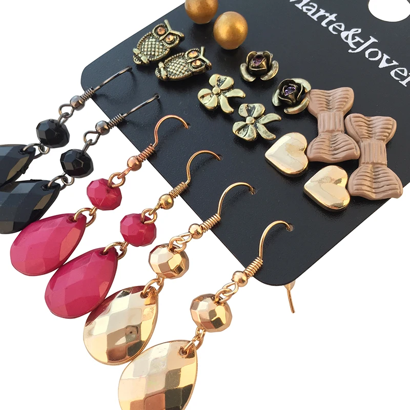 Marte&ampJoven Retro Water Drop Long Earring Set for Women Classic Flower/Owl/Bow-knot/Heart Earrings 9 Pairs/set Ear Jewelry | Украшения и