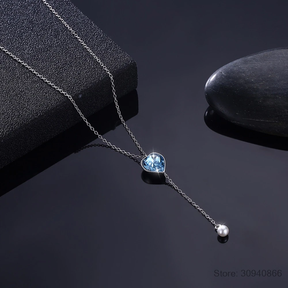 LEKANI сердце кристаллы от SWAROVSKI длинная цепь жемчужные подвески ожерелья Настоящее серебро 925 для женщин Подарки для девочек ювелирные украшения
