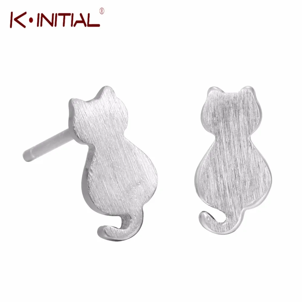 Kinitial Silver Color Animal Cat Earrings For Women Girl Kitty Stud Earring Fashion Jewelry Pendientes Brincos Small | Украшения и