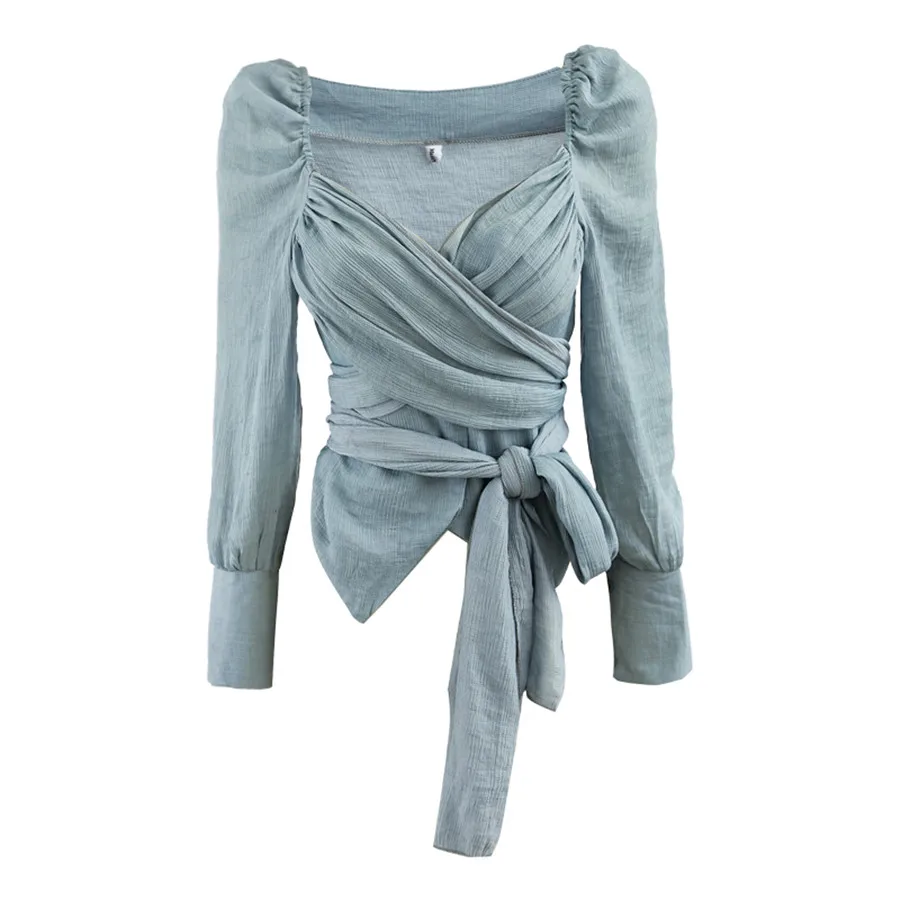 

DANCING WINGS Korean Style Sexy Deep V Neck Backless Lace-Up Bandage Blouse Women's Cotton Tops