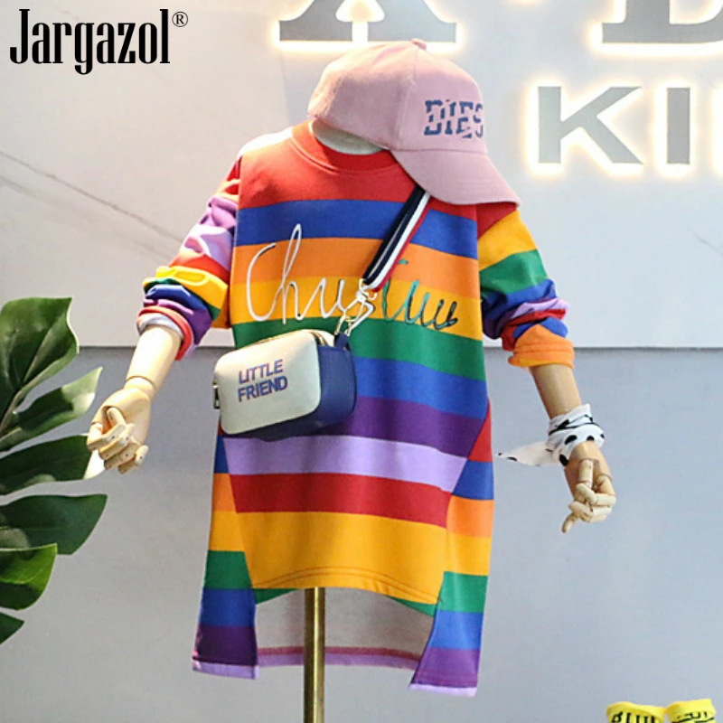 

Girls Rainbow Shirt Long Style Letter Colorful Tee Shirts Fahsion Girl's Cotton Tops Outfits 2018 New Brand Children's Clothing