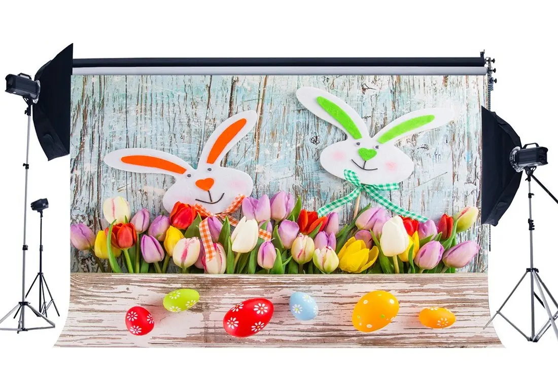 

Happy Easter Bunny Backdrop Painted Eggs Fresh Flowers Rustic Peeled Wood Plank Vintage Wooden Floor Photography Background