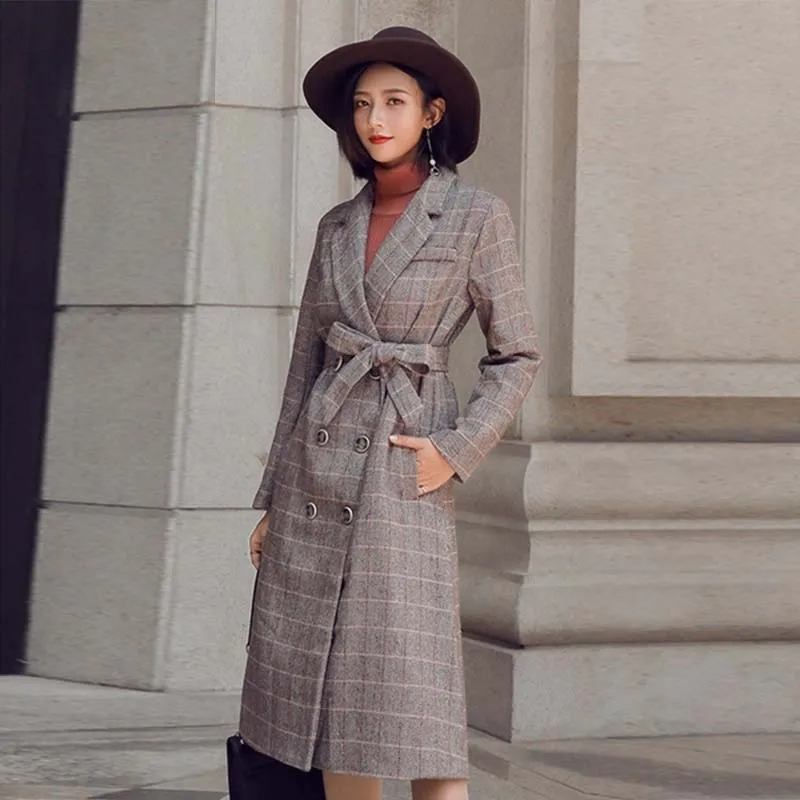 VogorSean Winter New Women Wool Blends Coat Jacket 2018 Temperament Fashion Double Breasted Belt Waist Lattice Ladies Long Coats | Женская