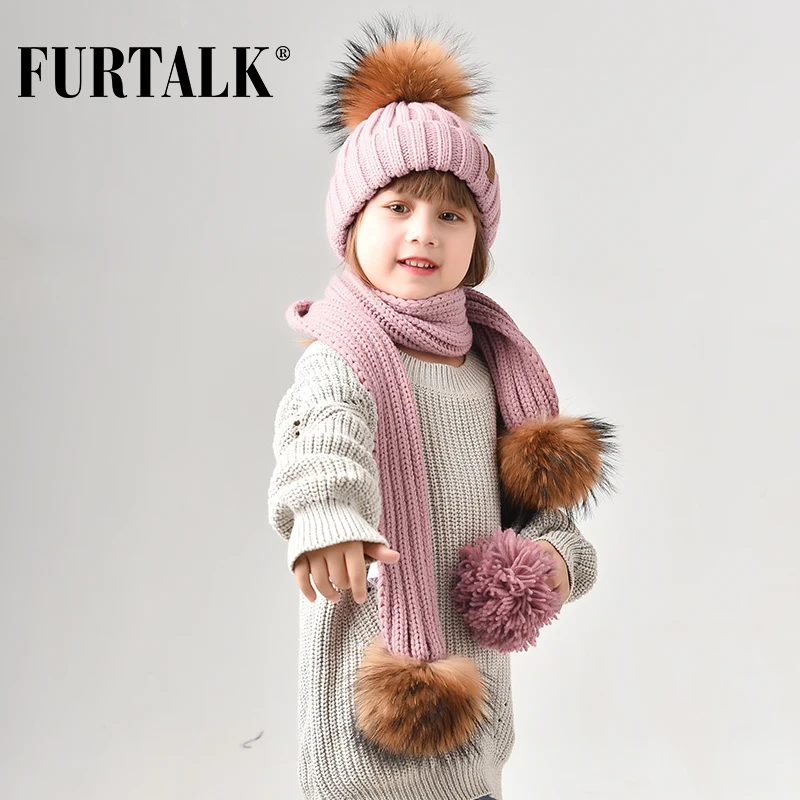 

FURTALK Зимняя Детская Шапка и Шарф Мех Енота Помпон Шапка для Девочки Вязяние Шапки для Мальчиков HTWL029