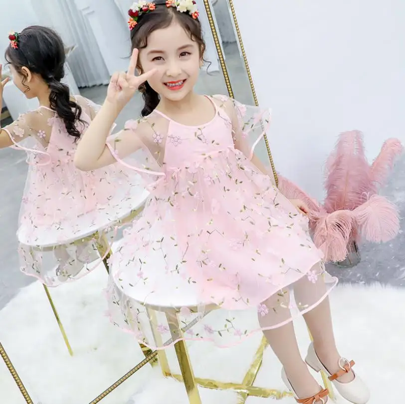 Сетчатое платье с вышивкой для девочек детская одежда новое летнее принцессы