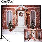Фон для фотосъемки детей с изображением рождественской елки снега зимнего дома венка красной кирпичной стены для фотостудии