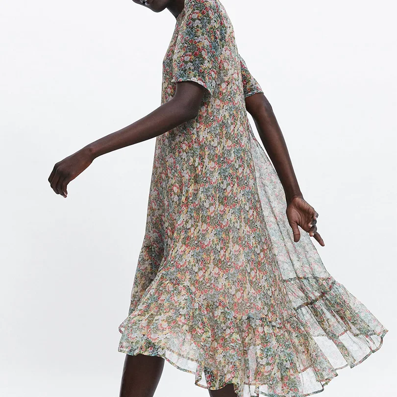 Женское платье с оборками Arvinxia ZA летнее цветочным принтом и короткими рукавами