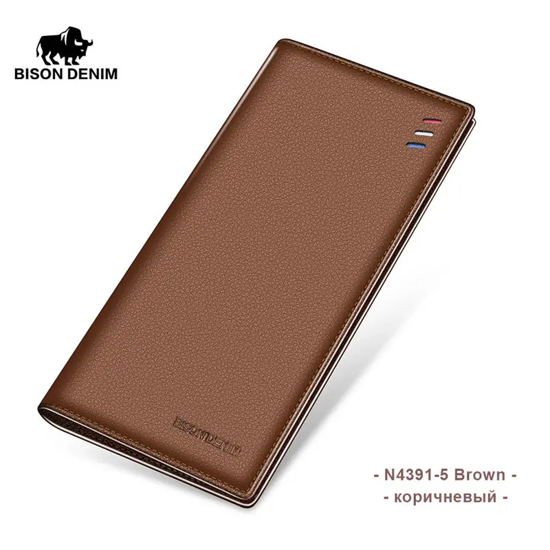 BISON DENIM, модные мужские кошельки, натуральная кожа, длинный тонкий кошелек, деловой мужской держатель для карт, кошелек - Цвет: 4391-brown