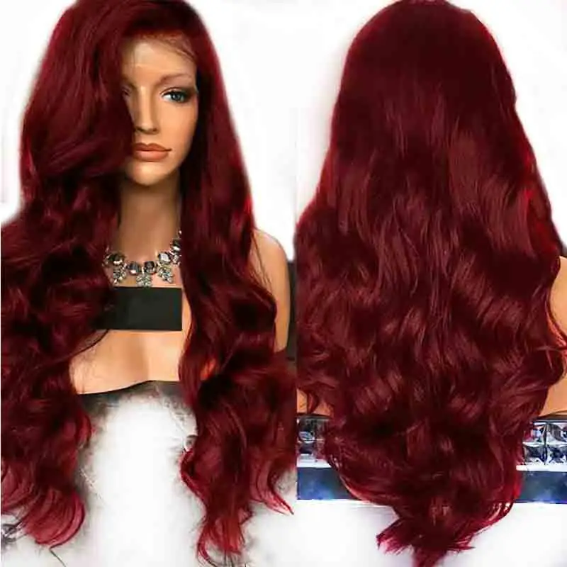 99J Red Human Hair Wigs For Black Women 150% Density Wavy Burgundy Remy Brazilian Lace Front Wig Preplucked With Baby | Шиньоны и