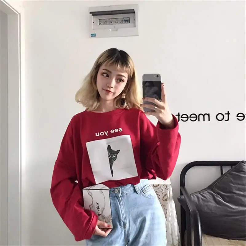 Neploe Harajuku футболка с мультяшным принтом, женские футболки с длинным рукавом, топы с o-образным вырезом, BF футболка See You, футболки 36337