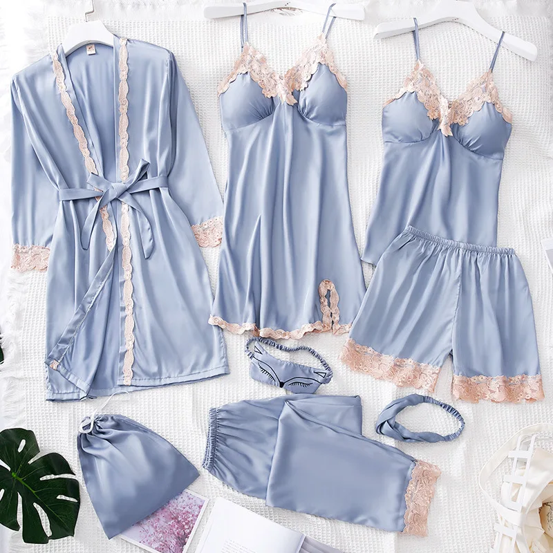 Халат 8 шт. пижамные комплекты для женщин белье сексуальный шелк сатин полиэфир