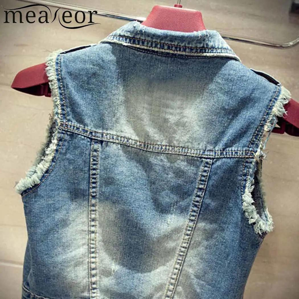 Turn Casual Women Down Collar Sleeveless Frayed Denim Vest Jacket | Женская одежда