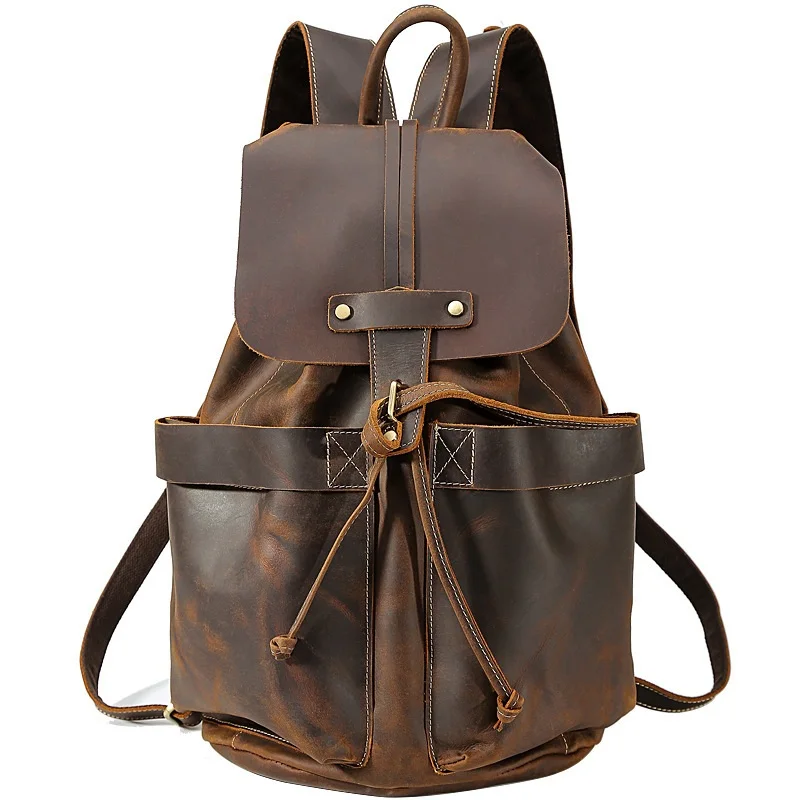 

YUPINXUAN Top Quality Vintage Cow Leather Designer Travel Backpacks Crazy Horse School Bags Real Leather Rivets Daypacks Retro