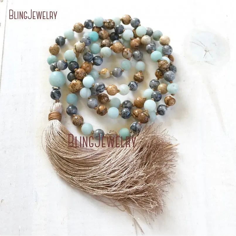 

Picture Jaspers Amazonite 108 Mala Hand Knotted Mala Beads Necklace 108 Bead Meditation Mala Silk Tassel Necklace MN21252