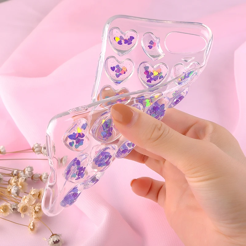 Блестящий 3D чехол для телефона с сердечком для iPhone X, 8, 7, 6, 6s Plus, чехол, блестящий прозрачный мягкий ТПУ чехол s для Galaxy S8, S9 Plus