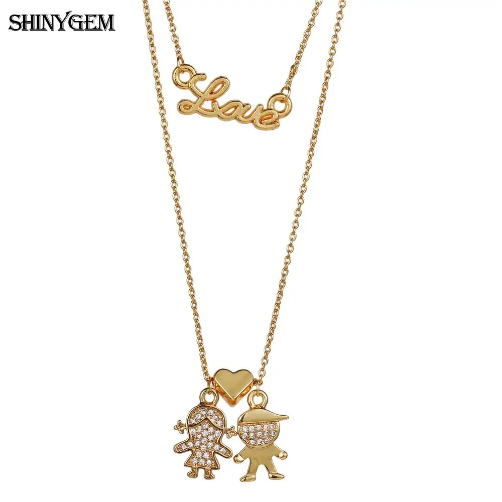 Женское Двухслойное ожерелье ShinyGem золотое в форме сердца с сердечком и цирконием
