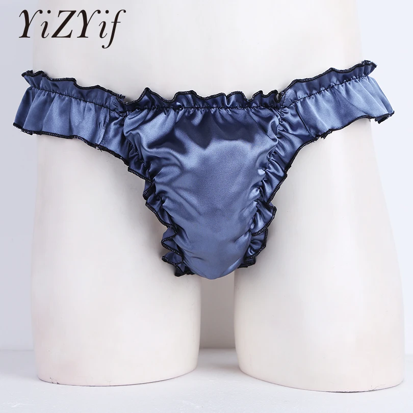 

YiZYiF сексуальное нижнее белье, мужские блестящие гофрированные брифы с оборками, мужские Трусы-стринги, мягкое бикини, нижнее белье для пени...