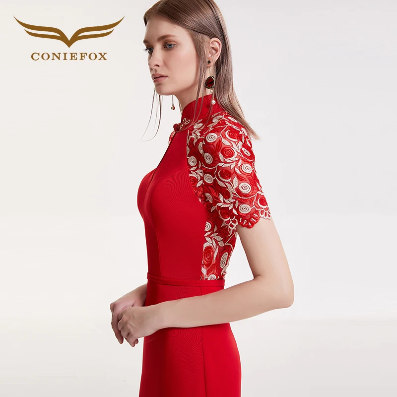 CONIEFOX 32128 Sexy Fashion Slim flowers mermaid Ladies Retro elegance Appliques prom dresses party evening dress gown long red | Свадьбы и