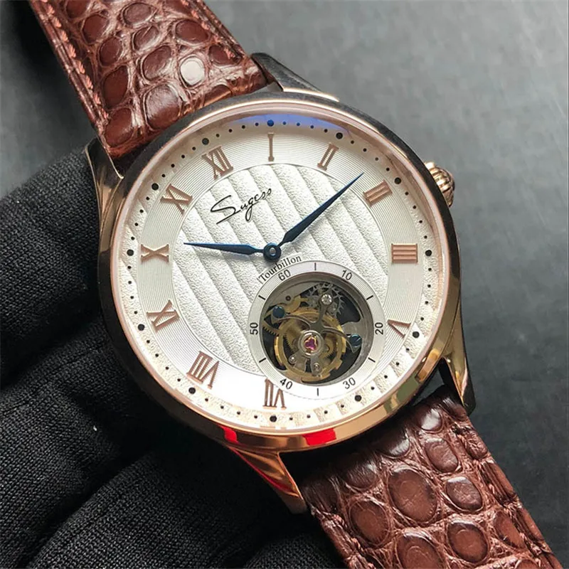 Rose Gold Brown Топ Скелет турбийон часы для мужчин крокодиловая кожа ручные механические наручные часы для мужчин s ST8002 horloge mannen 5ATM - Цвет: Rose Gold Brown