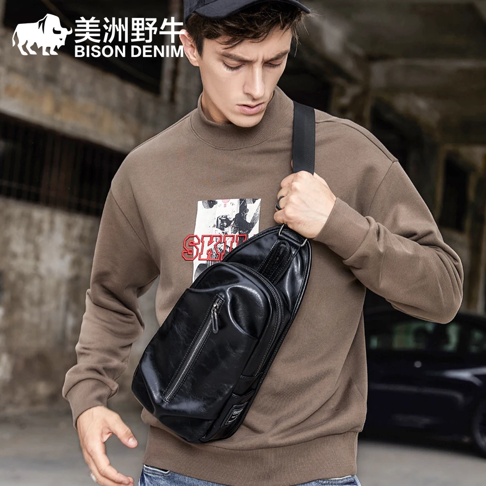 Мужская сумка мессенджер BISON DENIM кожаная через плечо модная многофункциональная