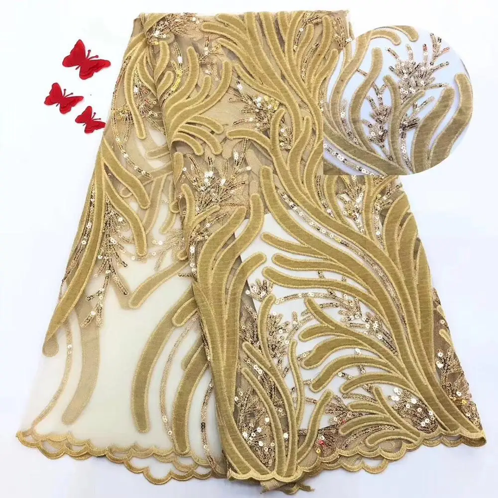 Золотая французская бархатная ткань с кружевом 2018 Высококачественная