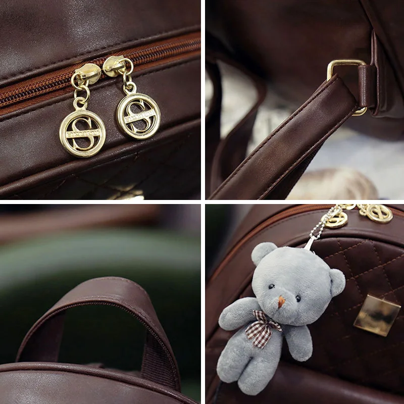 Women Small Vintage Backpack Women's Bag Set Waterproof Retro Bear Pendant Bags Set Of 3 Female Luxury Cute Leather Backpacks