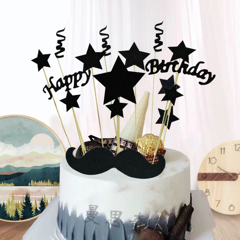 1set DIY Black Gold Happy Birthday Star Cake Ice-cream Cupcake Toppers Picks Mom Dad Boy Girl Kids Party Dessert Decor | Дом и сад