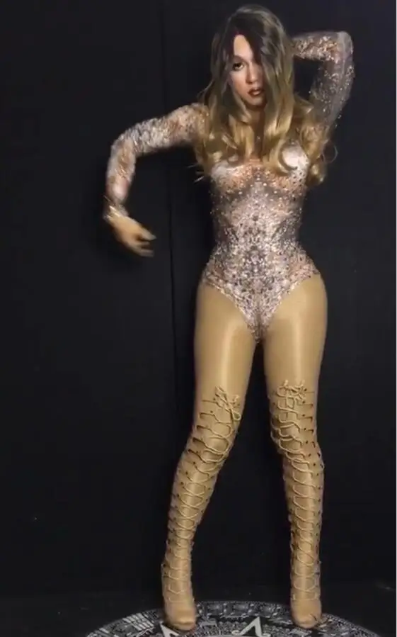 Sexy Printing Leotard Bling Rhinestone Celebrate Mulitcolor Rompers Outfit Costume Singer Performance Show Bodysuit Wear