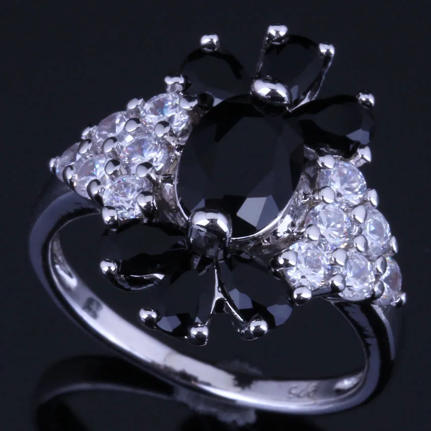 

Smooth Plant Black Cubic Zirconia White CZ Silver Plated Ring V0635