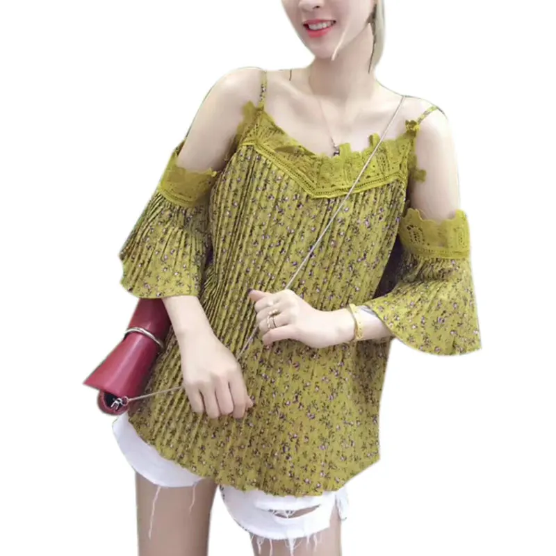 Летние Женские Блузки 2017 Рубашки Женщин Slash Шеи Кружева Цветочные Топы