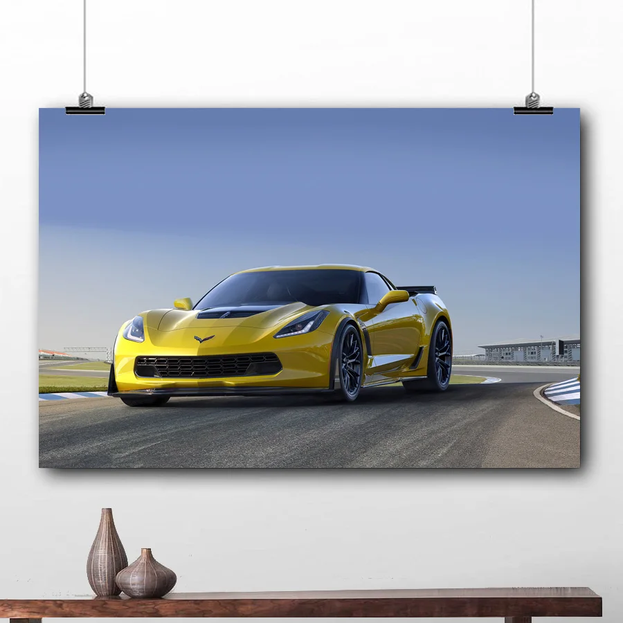 Желтый спортивный автомобиль Corvette Z06 печатный настенный художественный