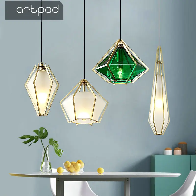 

Nordic Hanging Pendant Light Lamp LED Diamond Glass Sconces Milk White Green Pendant Light Lving Room Bar Suspension Luminaire