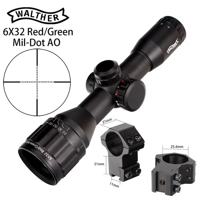 WALTHER 6x32 AO мини Mil-Dot двойной цвет с подсветкой сетка охотничий прицел тактический оптический прицел - Цвет: 3