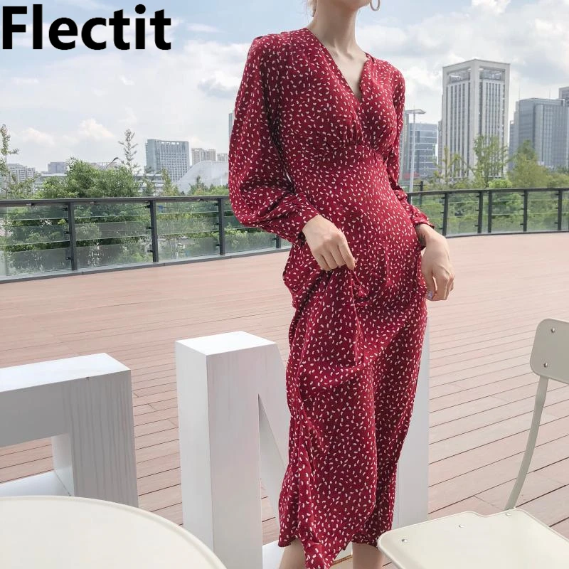 Flectit винтажное бордовое длинное платье с v образным вырезом и принтом длинным
