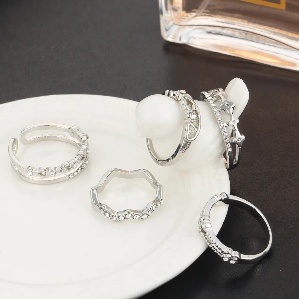 5 шт./компл. комплект позолоченных серебряных колец в форме сердца с кристаллами