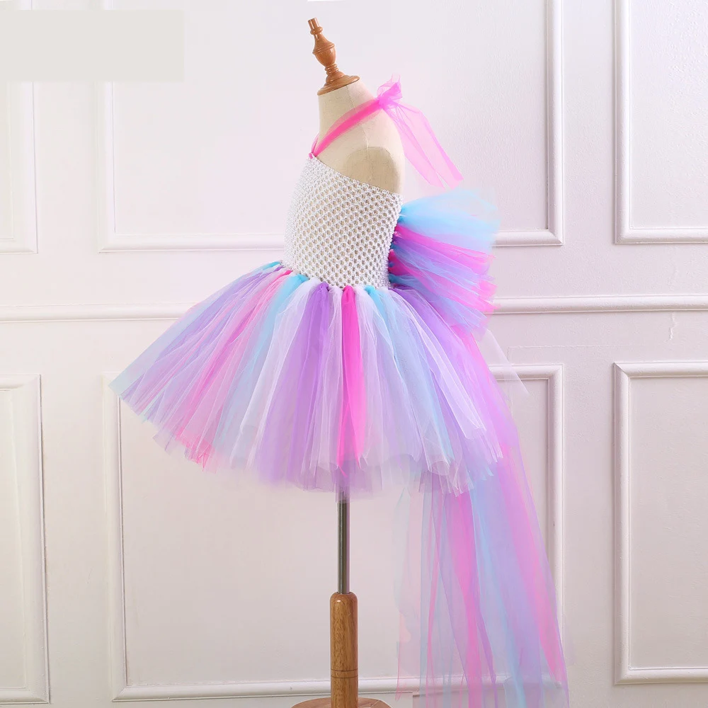 Children Cosplay Halloween Costume Rainbow Mesh Tutu Dress Princess Birthday Party Wedding Kids Girls Dresses + Headband | Детская