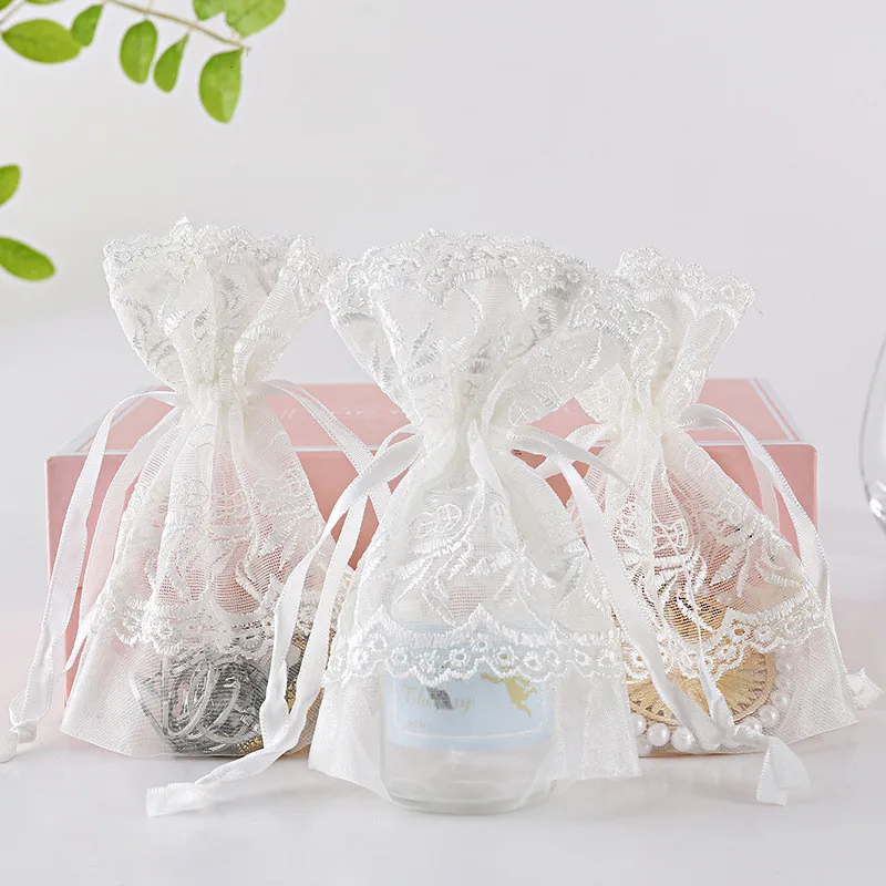 

72 X New White Catkins Lace Storage Jewelry Drawstring Bags Creative Upscale Snow Yarn Gift Bags 10x14cm Wholesale