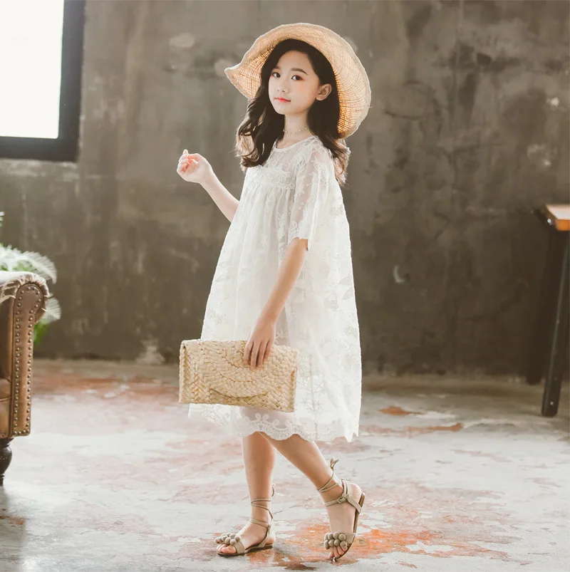 

Kids Dresses For Girl New Lace Mesh Girls Dresses 2021 New 4-14Y Children Costume Summer Dress Party Clothes Embroidery Floral