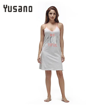 Grey Yusano Summer Nightgown Women Sleeveless V Neck Sexy Cotton Nightdress Girl Letter Print Sleeping Dress Solid Sleepwear - Цвет: Grey