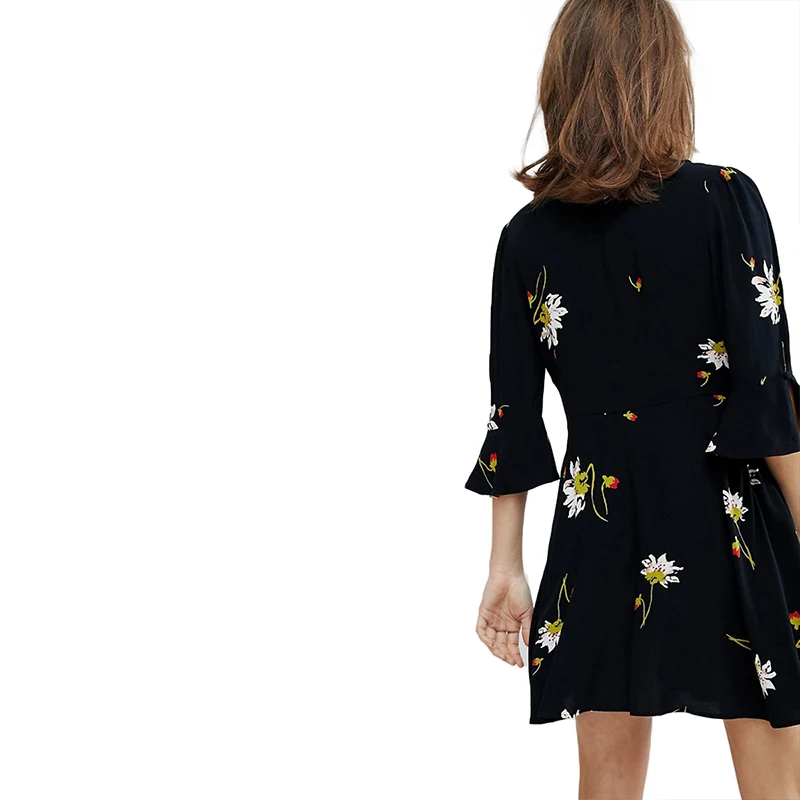 SheInGirl Women Casual Loose Floral Print Black Wrap Knee-Length Dress Deep V Neck Half Sleeve Straight On Beach | Женская одежда