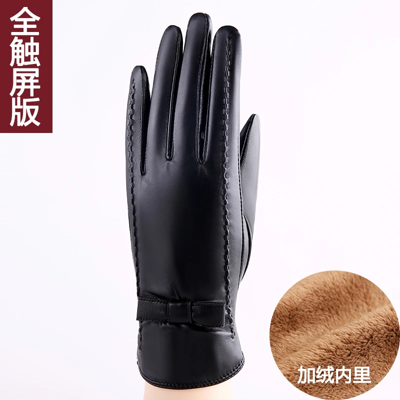 Genuine leather gloves women's fashion gloves winter add velvet thicken warm telefingers gloves touch screen sheepskin gloves068 - Цвет: Black touch screen v