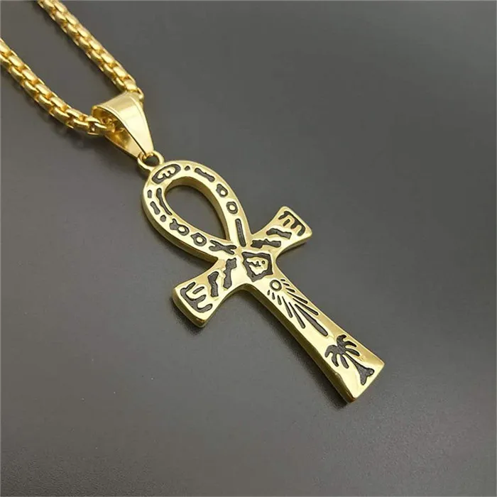 Gold Color Mystical Egyptian Ankh Cross Pendant Necklace For Men Gold Color Stainless Steel Egypt Hieroglyphs Charms Jewelry - Окраска металла: Gold Color