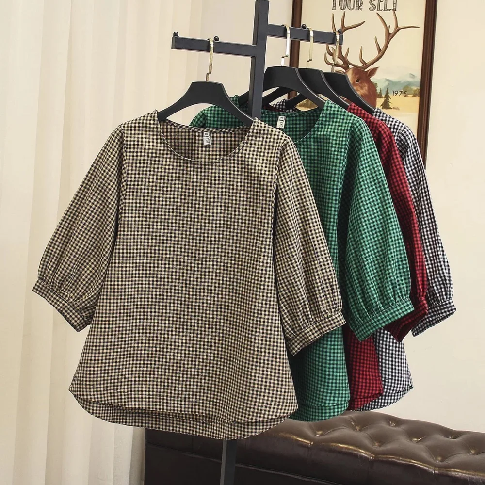 Ubetoku 2018Women's Autumn Cotton Linen Blouse Shirt Sweet Lantern Sleeve Plaid Tops Plus Size Women Clothing(T150) |