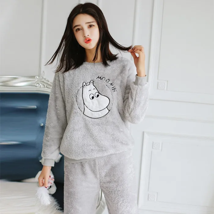 Серый Moomin, зимние толстые теплые женские пижамные комплекты, коралловый бархатный костюм, фланелевые женские пижамы с длинным рукавом и мультяшным медведем - Цвет: Серый
