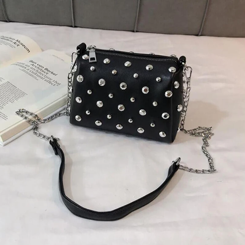 Yogodlns Bags For Women New Fashion Rivet PU Leather Women Bag Diamonds Shoulder Messenger Bag Chains Small Flap Crossbody Bag