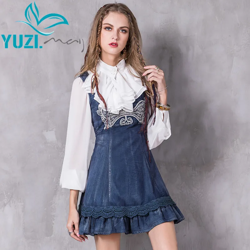 Летнее женское платье 2017 Yuzi. may Boho новое джинсовое с цветочным рисунком круглым
